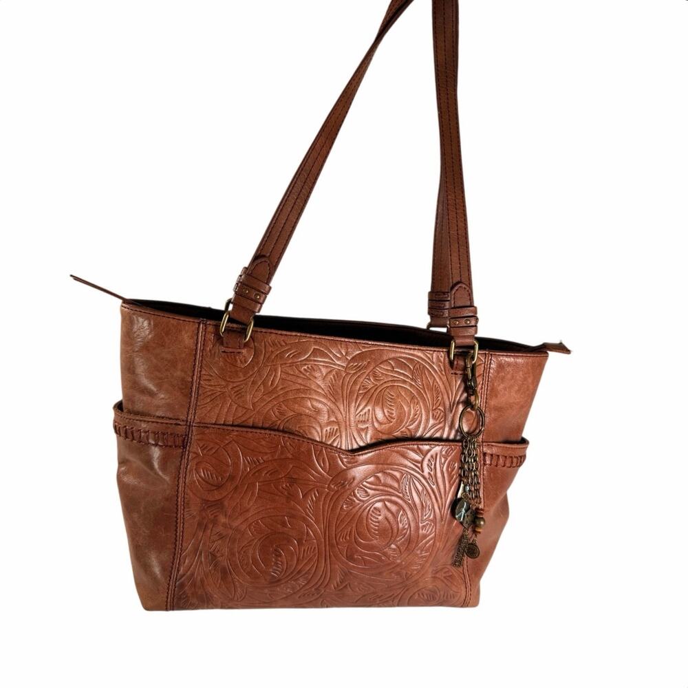 The Sak Sequoia Tote Bag Tobacco Floral Embossed Brown Leather Shoulder Bag